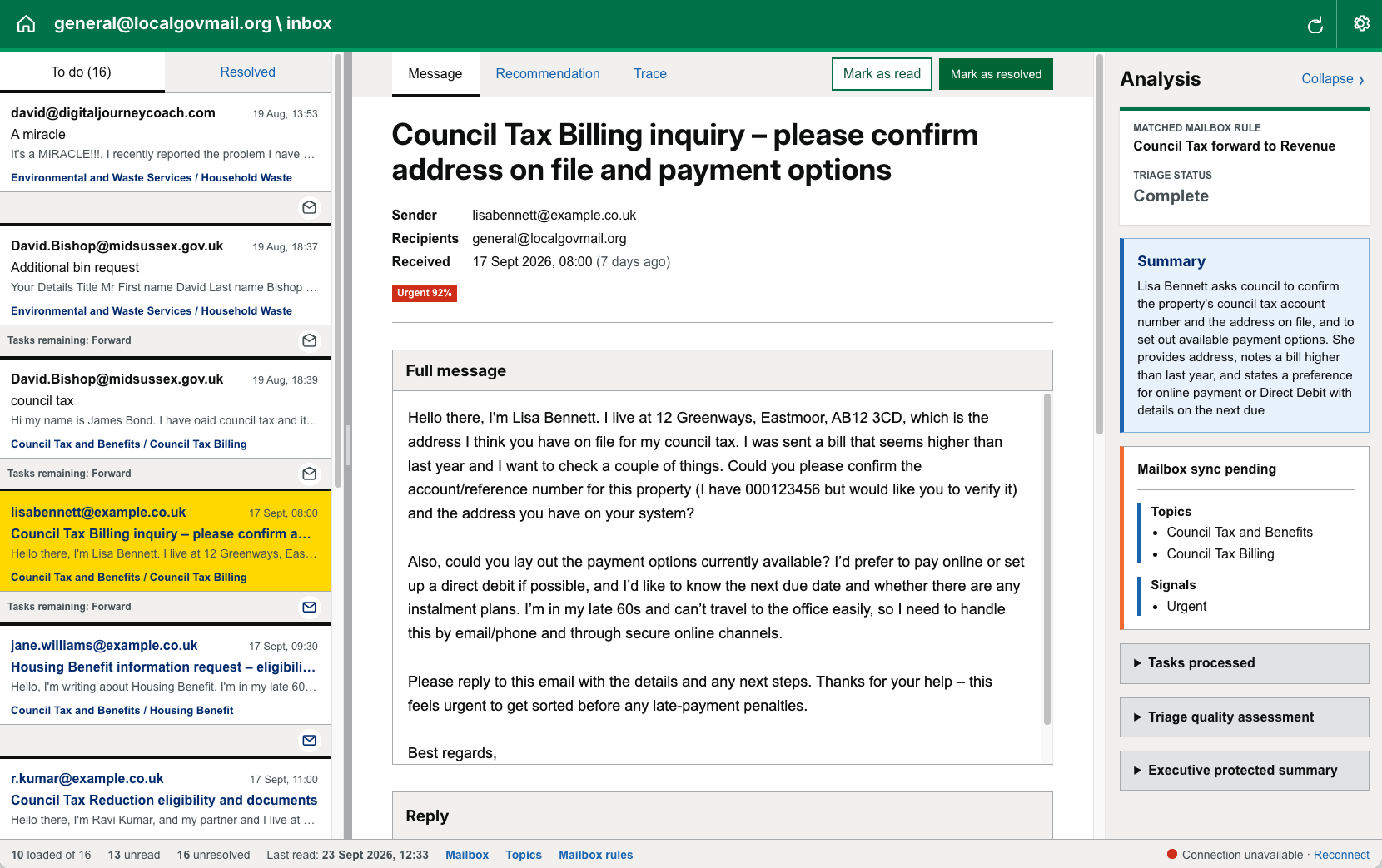 LocalGovMail inbox showing a categorised email, urgency signal and summary