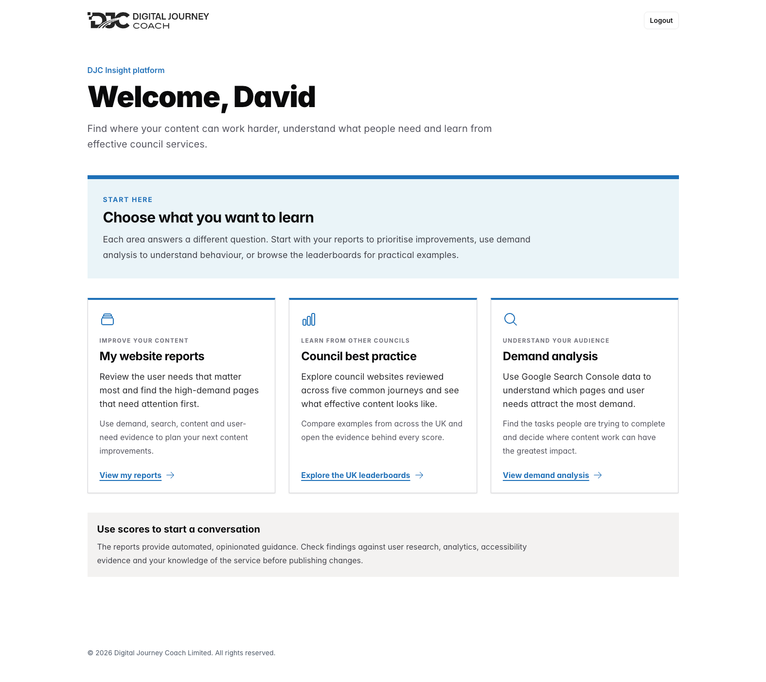 UK Council Top 40 dashboard showing website reports, council best practice and demand analysis